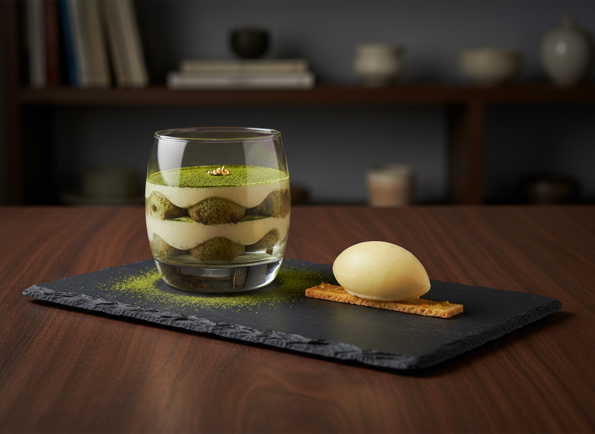 A refined dessert course that embodies Japanese-Italian fusion, presented on a charcoal slate plate: matcha tiramisu in a low, clear glass, revealing delicate layers of sponge and cream, topped with finely sifted green tea powder and a tiny edible gold leaf. Beside it, a single house-made yuzu sorbet quenelle rests on a thin biscotti shard. The plate sits on a dark walnut table near the edge of a softly lit private dining room, with a blurred background hinting at a minimalist shelving unit holding cookbooks and ceramics. Subtle spotlighting from above creates a dramatic yet elegant contrast, highlighting textures and colors. Photographic realism, shot at a three-quarter angle, with a calm, indulgent, and sophisticated mood.