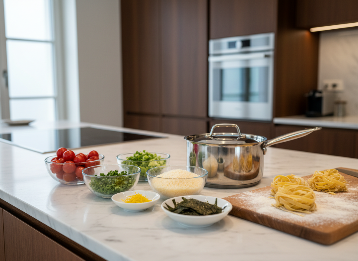 A sophisticated mise-en-place scene on a long, sleek kitchen island, illustrating the preparation phase of a private chef in Schaffhausen. On the lightly veined white stone surface sit neatly arranged bowls of prepped ingredients: vibrant cherry tomatoes, finely chopped leeks, freshly grated parmesan, julienned nori, and a small dish of yuzu zest. Beside them lies a bundle of hand-cut pasta nests dusted in flour and a polished stainless-steel saucepan waiting nearby. The background shows a blurred, high-end home kitchen with dark cabinetry and integrated appliances. Soft, diffused overcast daylight streams in from a large unseen window, creating a calm, focused mood. Photographic realism, shot from a slightly elevated angle with sharp focus on the ingredients, conveying professionalism, precision, and understated luxury.