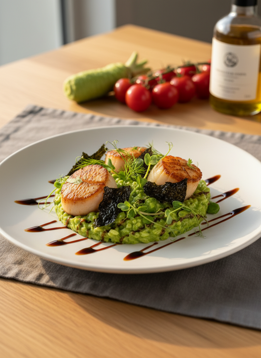 A close-up of an artfully plated Japanese-Italian fusion main course on a matte white porcelain plate: perfectly seared scallop resting on a silky green pea risotto, garnished with crispy nori shards, micro herbs, and a delicate drizzle of soy-balsamic reduction. The plate sits on a smooth light oak dining table, with a subtle slate-grey linen placemat beneath. In the softly out-of-focus background, premium ingredients like fresh wasabi root, cherry tomatoes on the vine, and a small bottle of extra virgin olive oil are arranged. Gentle golden hour light from a nearby window creates soft highlights on the food and subtle shadows, enhancing textures. Photographic realism, shot from a slightly elevated angle, with a calm, refined, and luxurious mood.