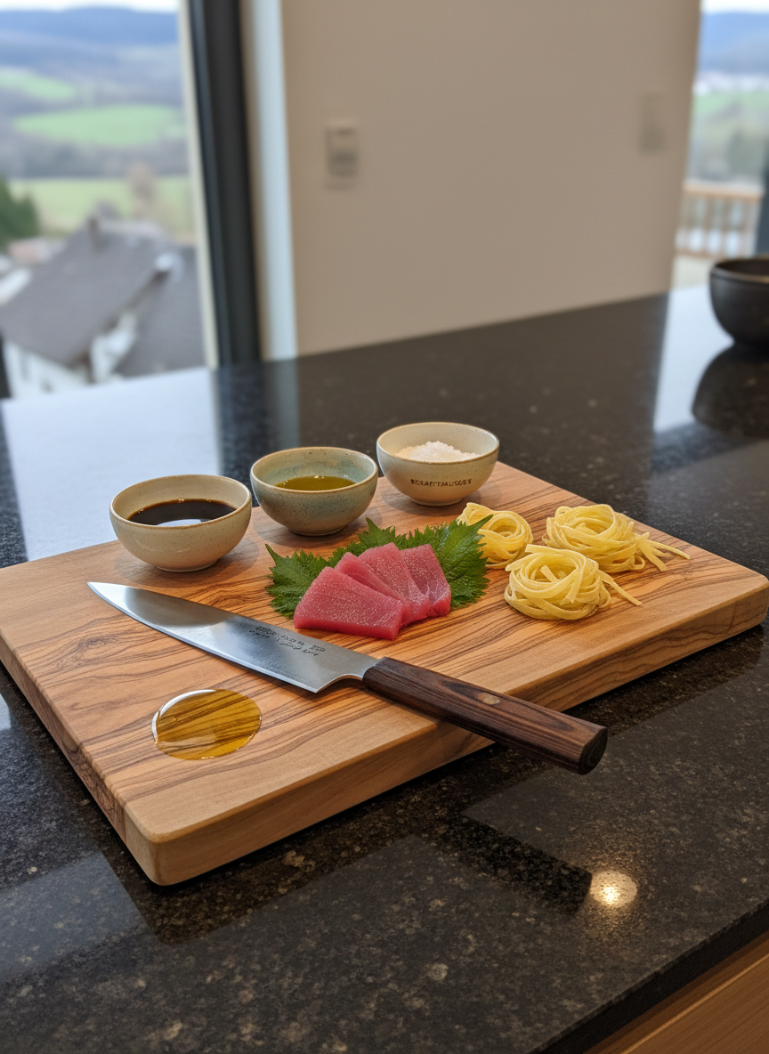 A polished open-kitchen countertop scene showcasing the tools of a private chef: a pristine Japanese gyuto knife with a dark wooden handle resting beside a hand-carved olive wood cutting board, where finely sliced tuna, bright green shiso leaves, and freshly rolled strands of pasta are neatly arranged. Behind, a row of small ceramic bowls holds ingredients like soy sauce, olive oil, and sea salt from Switzerland. The counter is dark stone, catching reflections from discreet under-cabinet LED lights and soft natural daylight from a nearby window. The background shows a blurred view of Schaffhausen hills through glass, suggesting location. Photographic realism, shot from a slightly elevated angle, clean and modern composition, mood of quiet concentration and culinary precision.
