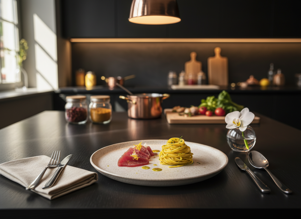 A meticulously arranged fine-dining table set for an intimate private dinner, featuring a single elegant stoneware plate with a minimalist Japanese-Italian fusion dish: translucent tuna crudo with yuzu, beside handmade saffron tagliatelle. The table is a dark, matte wooden surface with linen napkins, simple brushed-steel cutlery, and a small glass vase holding a single white seasonal blossom. In the softly blurred background, high-end kitchen tools and premium ingredients are visible on a counter. Warm pendant lighting from above and gentle reflections from an unseen window create a sophisticated, inviting glow. Shot at eye level with shallow depth of field, photographic realism, emphasizing refinement, calm luxury, and the exclusive feel of a private chef experience in Kanton Schaffhausen.