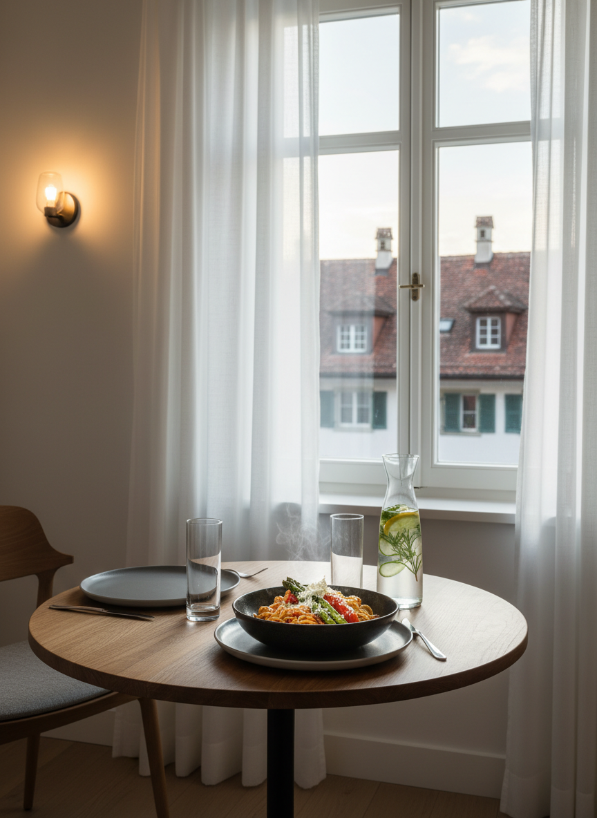An intimate dining corner designed for a private chef experience at home: a small, beautifully set table for two beside a large window overlooking a soft-focus view of traditional Swiss rooftops in Kanton Schaffhausen. The table features minimalist stoneware plates, slender crystal water glasses, and a single dark ceramic bowl with a steaming ramen-style pasta fusion dish, topped with grilled vegetables and a sprinkle of parmesan. A narrow carafe of infused water with citrus and herbs stands nearby. Soft evening light filters through sheer curtains, supplemented by a single warm wall sconce, casting gentle, elongated shadows. Photographic realism, composed with rule of thirds from a slightly elevated angle, creating a serene, sophisticated, and exclusive atmosphere without any human presence.