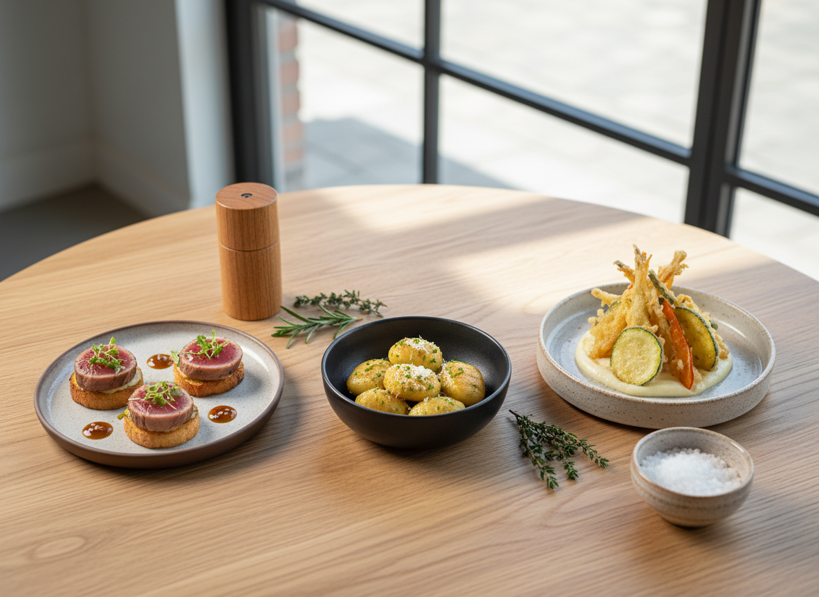 A top-down photographic view of a carefully curated tasting menu spread by a private chef: several small plates arranged symmetrically on a natural oak table, each showcasing a different Japanese-Italian fusion bite—mini tuna tataki crostini, miso-butter gnocchi, and delicate vegetable tempura atop polenta. Between the plates lie small sprigs of fresh herbs, a wooden pepper mill, and a simple ceramic bowl filled with coarse Swiss sea salt. The surrounding space is airy and uncluttered, with the faint outline of a window frame casting soft, natural midday light across the table, creating gentle shadows and revealing texture in the food and wood grain. Photographic realism, clean and modern, with a balanced, sophisticated composition perfect for a website hero section.