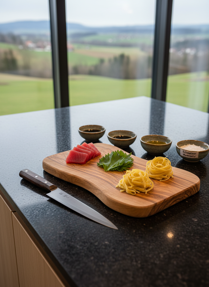 A polished open-kitchen countertop scene showcasing the tools of a private chef: a pristine Japanese gyuto knife with a dark wooden handle resting beside a hand-carved olive wood cutting board, where finely sliced tuna, bright green shiso leaves, and freshly rolled strands of pasta are neatly arranged. Behind, a row of small ceramic bowls holds ingredients like soy sauce, olive oil, and sea salt from Switzerland. The counter is dark stone, catching reflections from discreet under-cabinet LED lights and soft natural daylight from a nearby window. The background shows a blurred view of Schaffhausen hills through glass, suggesting location. Photographic realism, shot from a slightly elevated angle, clean and modern composition, mood of quiet concentration and culinary precision.