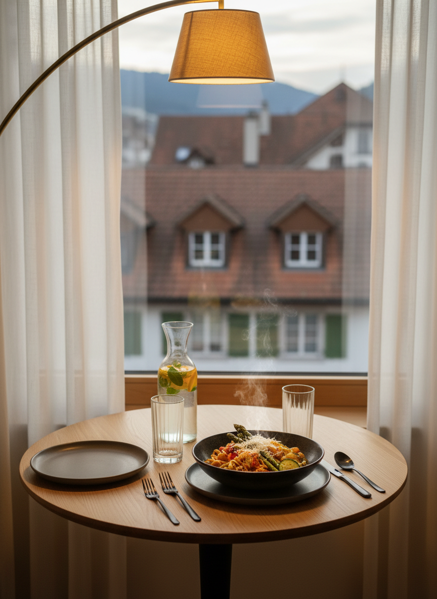 An intimate dining corner designed for a private chef experience at home: a small, beautifully set table for two beside a large window overlooking a soft-focus view of traditional Swiss rooftops in Kanton Schaffhausen. The table features minimalist stoneware plates, slender crystal water glasses, and a single dark ceramic bowl with a steaming ramen-style pasta fusion dish, topped with grilled vegetables and a sprinkle of parmesan. A narrow carafe of infused water with citrus and herbs stands nearby. Soft evening light filters through sheer curtains, supplemented by a single warm wall sconce, casting gentle, elongated shadows. Photographic realism, composed with rule of thirds from a slightly elevated angle, creating a serene, sophisticated, and exclusive atmosphere without any human presence.