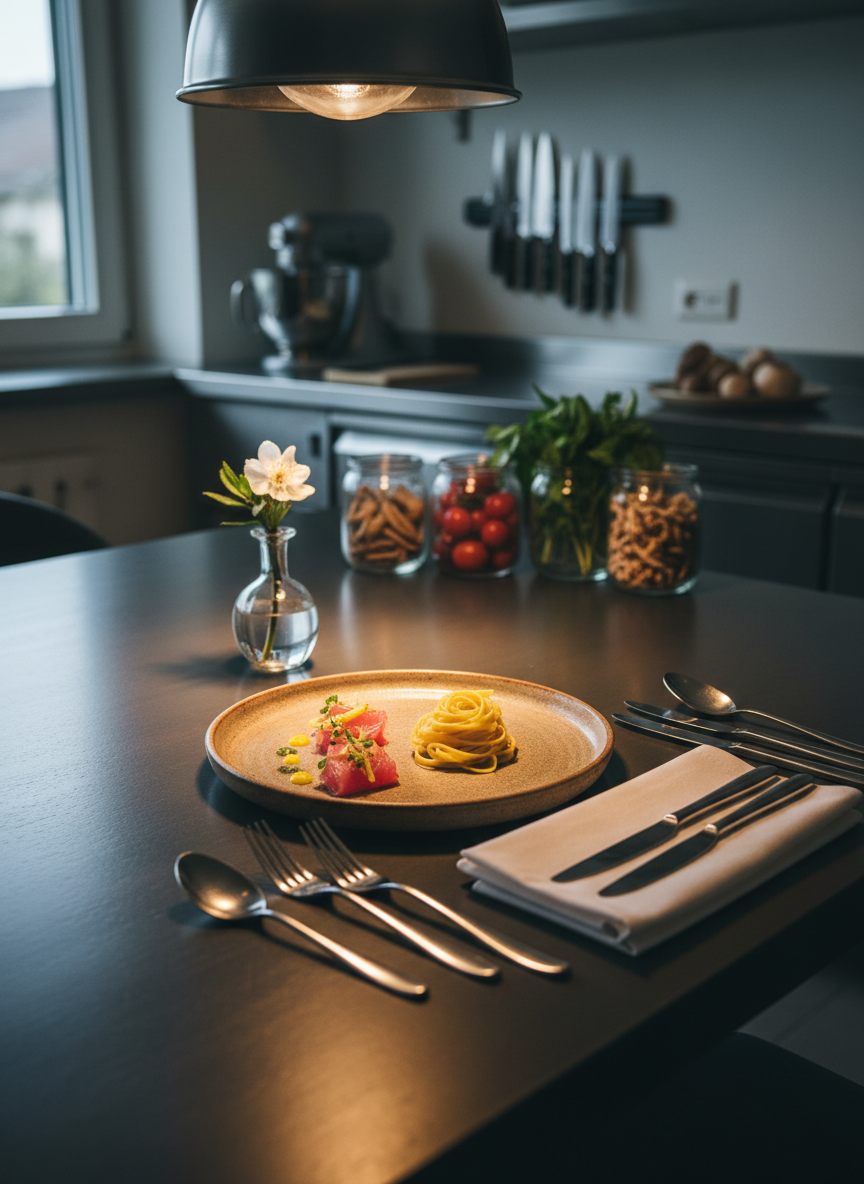 A meticulously arranged fine-dining table set for an intimate private dinner, featuring a single elegant stoneware plate with a minimalist Japanese-Italian fusion dish: translucent tuna crudo with yuzu, beside handmade saffron tagliatelle. The table is a dark, matte wooden surface with linen napkins, simple brushed-steel cutlery, and a small glass vase holding a single white seasonal blossom. In the softly blurred background, high-end kitchen tools and premium ingredients are visible on a counter. Warm pendant lighting from above and gentle reflections from an unseen window create a sophisticated, inviting glow. Shot at eye level with shallow depth of field, photographic realism, emphasizing refinement, calm luxury, and the exclusive feel of a private chef experience in Kanton Schaffhausen.